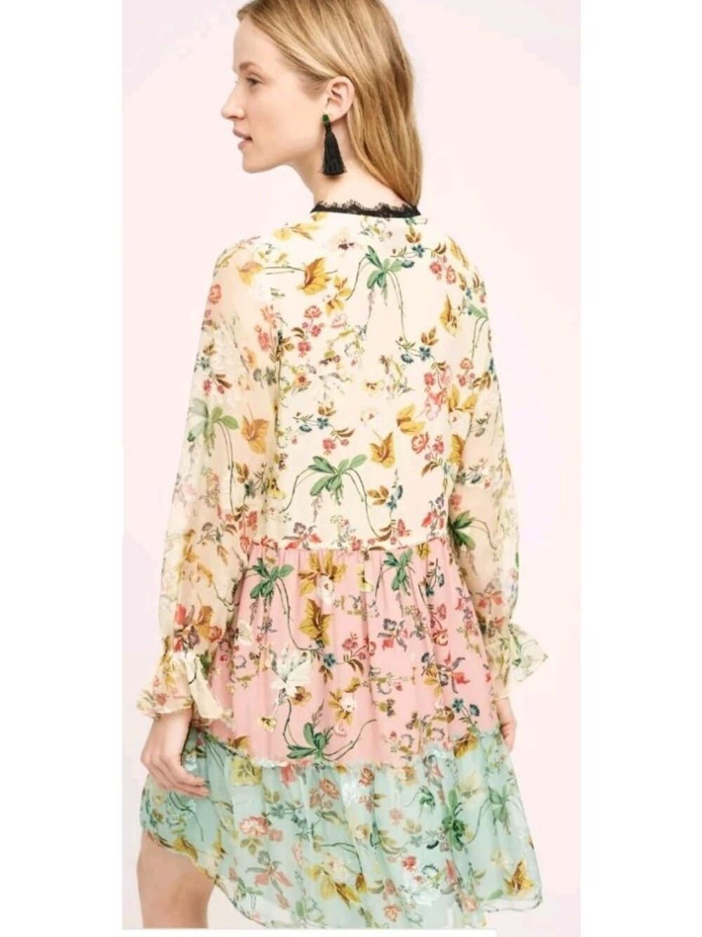 Hemnant & Nandita Wild Rose Silk Dress Tiered V-Neck Floral Long Sleeve Medium - Picture 2 of 12